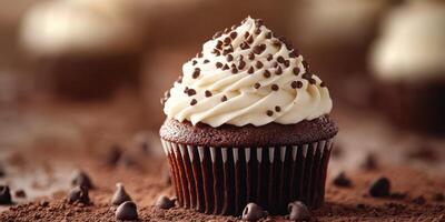 Delightful chocolate cupcake topped with swirls of creamy frosting and chocolate chips photo