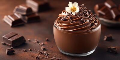Dark chocolate mousse topped with chocolate shavings and flowers on a rustic wooden table photo