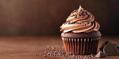 Chocolate cupcake with rich frosting and sprinkles displayed on a warm wooden surface in a cozy setting photo