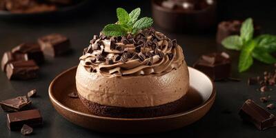 Chocolate mousse cake with mint garnish served on a brown plate in a dark setting photo