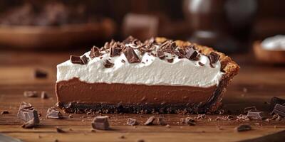 Chocolate cream pie with whipped cream and chocolate shavings on a wooden surface in a cozy kitchen setting photo