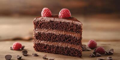 Decadent chocolate cake slice with fresh raspberries and chocolate chips on wooden table photo