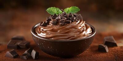 Indulgent chocolate mousse topped with dark chocolate shavings and fresh mint leaves in an elegant bowl photo