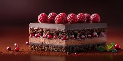 Decadent chocolate cake with layers of raspberry and rich cream, beautifully presented for dessert enthusiasts photo