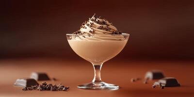 Delicious chocolate mousse topped with whipped cream and chocolate shavings served in a glass dish photo