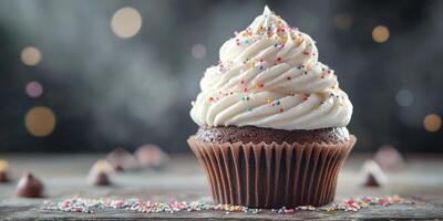 Decadent chocolate cupcake topped with creamy frosting and colorful sprinkles on a rustic wooden table photo