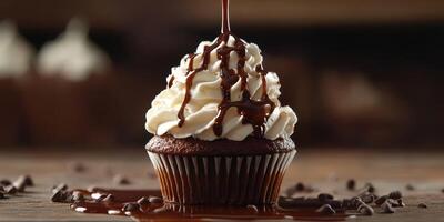 Chocolate cupcake topped with whipped cream and drizzled with chocolate sauce under soft lighting photo