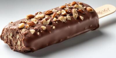 Chocolate ice cream bar coated with nuts and chocolate on a wooden stick served on a grey surface photo