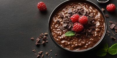 Rich chocolate dessert topped with fresh raspberries and chocolate shavings on a dark background photo