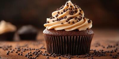 Delicious chocolate cupcake topped with creamy frosting and chocolate chips on a rustic wooden table photo
