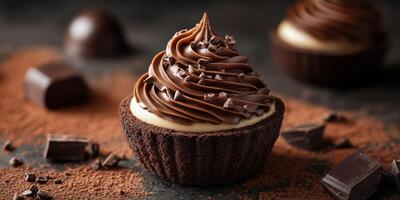 Indulging in a rich chocolate cupcake with creamy frosting and chocolate shavings on a dark surface photo