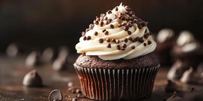 Delicious chocolate cupcake topped with creamy frosting and chocolate sprinkles on a wooden table photo
