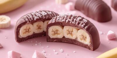 Chocolate-covered bananas displayed on a pink background, highlighting the creamy filling and sweet toppings photo