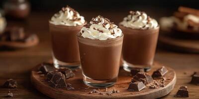 Delicious chocolate mousse cups topped with whipped cream and chocolate shavings displayed on a wooden platter photo