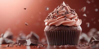 Delicious chocolate cupcake topped with swirls of frosting and chocolate shavings on a warm background photo