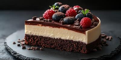 Chocolate mousse cake with fresh berries served on a dark slate plate in a cozy cafe setting photo