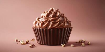 Delicious chocolate cupcake topped with creamy frosting and chocolate shavings on a plain background photo
