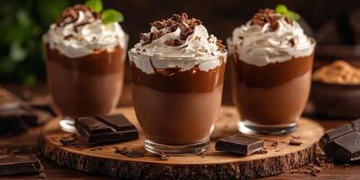 Indulgent chocolate mousse served in elegant glasses, topped with whipped cream and chocolate shavings photo