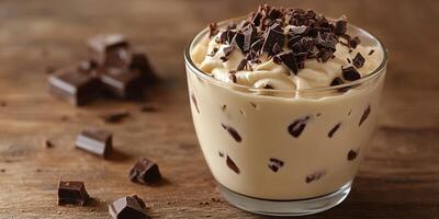 Creamy mousse dessert topped with chocolate shavings in a glass on a wooden table photo