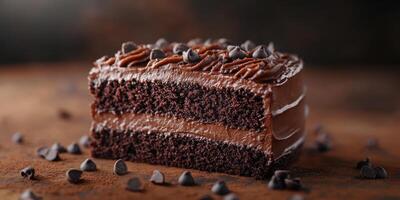 Delicious chocolate cake with layers of frosting and chocolate chips on a wooden surface photo