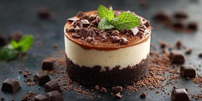 Decadent chocolate dessert topped with mint leaves on a dark background highlighting the rich texture and ingredients photo