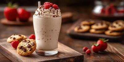 Creamy milkshake topped with chocolate and raspberries served with cookies on a rustic wooden table photo