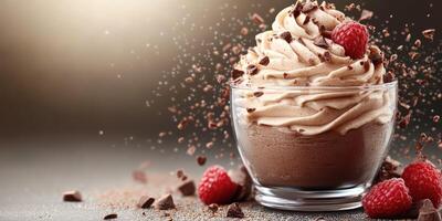 Delicious chocolate mousse topped with raspberries and chocolate shavings on a soft background photo