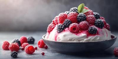Delicious dessert with fresh raspberries and blackberries served on a dark plate in a cozy setting photo