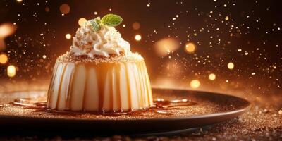 Delicious dessert featuring creamy flan topped with whipped cream and mint on a rustic plate photo