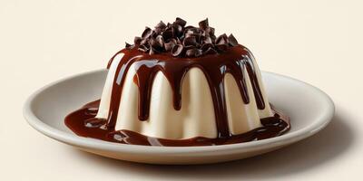Decadent dessert featuring creamy panna cotta topped with rich chocolate sauce and chocolate chips on a simple plate photo