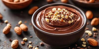 Delicious chocolate dessert with nuts served in a rustic bowl on a dark background photo