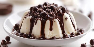 Delightful dessert with chocolate sauce and chocolate chips served in a white bowl on a clean table photo