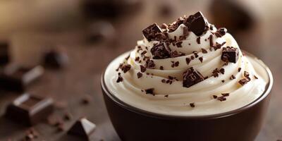 Delicious chocolate mousse with whipped cream and chocolate shavings garnished on top, perfect for dessert enthusiasts photo