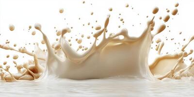 Splash of milk creates a dynamic display of droplets against a white background photo