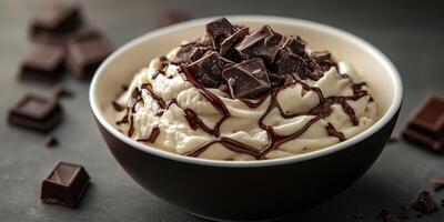 Delicious dessert bowl filled with whipped cream and chocolate chunks garnished with chocolate syrup photo