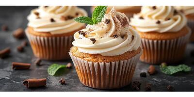 Delicious cupcakes topped with creamy frosting and chocolate shavings on a dark countertop photo