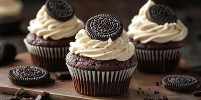 Delicious chocolate cupcakes topped with cream frosting and an Oreo cookie on a wooden serving board photo