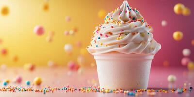 Delicious soft serve ice cream topped with colorful sprinkles against a vibrant background photo