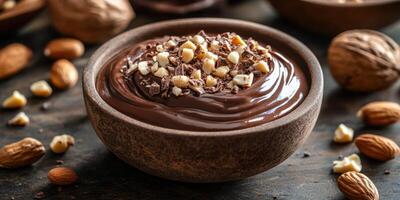 Creamy chocolate dessert topped with nuts and chocolate shavings on a rustic wooden table photo