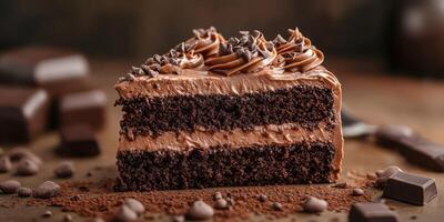 Decadent chocolate cake slice with rich frosting and chocolate chips on wooden table photo