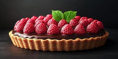 Delicious chocolate tart topped with fresh raspberries and mint leaves on a dark background photo