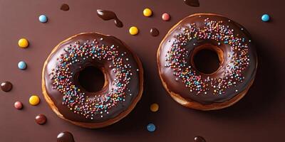 Delicious chocolate donuts topped with colorful sprinkles on a dark background for a sweet treat photo