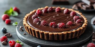 Rich chocolate tart decorated with fresh raspberries and mint leaves on a dark stone surface photo