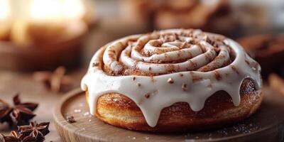 Delicious cinnamon roll on a wooden plate with creamy icing and hints of spice in a cozy setting photo