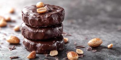 Delicious chocolate-covered treats stacked on a dark surface with nuts and chocolate pieces scattered around photo