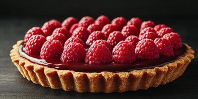 Delightful raspberry tart with a chocolate filling on a dark background showcasing fresh fruit photo