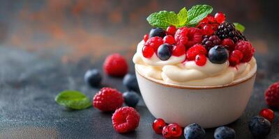 Delightful dessert bowl filled with creamy yogurt and fresh summer berries on a dark table photo