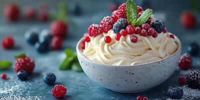 Fresh whipped cream dessert topped with assorted berries in a speckled bowl on a textured surface photo