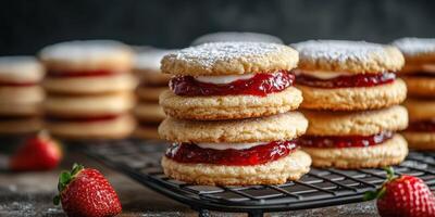 Homemade berry-filled cookies arranged on a cooling rack with fresh strawberries in the background photo