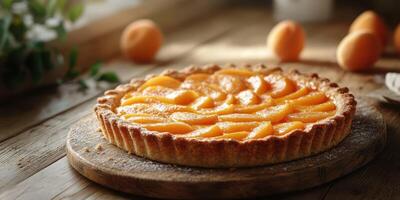 Decadent peach tart displayed on a wooden board with fresh apricots on a rustic table photo